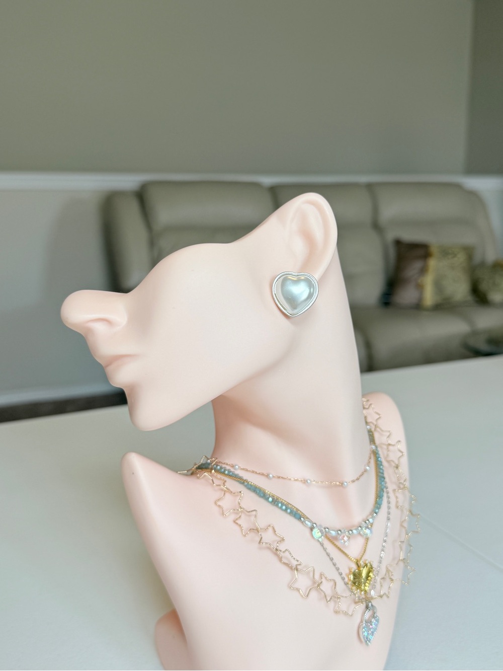 Silver Heart Stud Earrings - White Mother-of-Pearl Accent